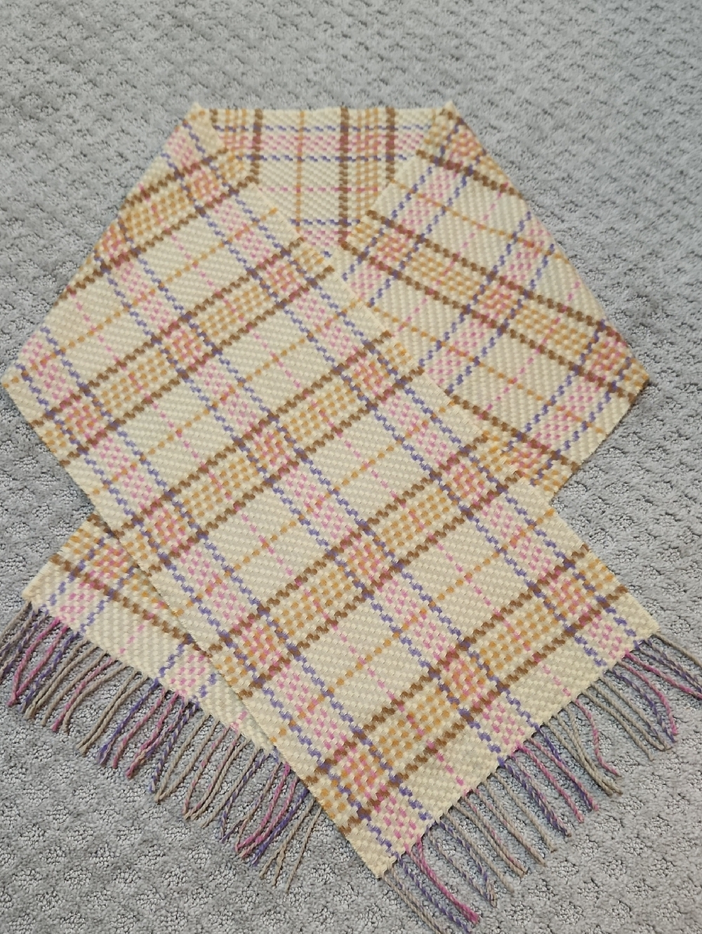 Butter Yellow Pink Purple Plaid 100% Cashmere Fringe Scarf Made In Scotland